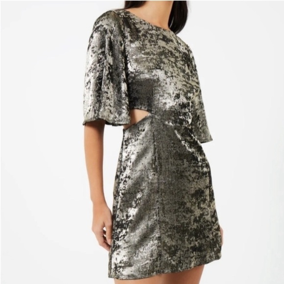 New French Connection Alara Metallic Flutter Sleeve Cutout Mini Dress Sz 10 - Picture 2 of 14